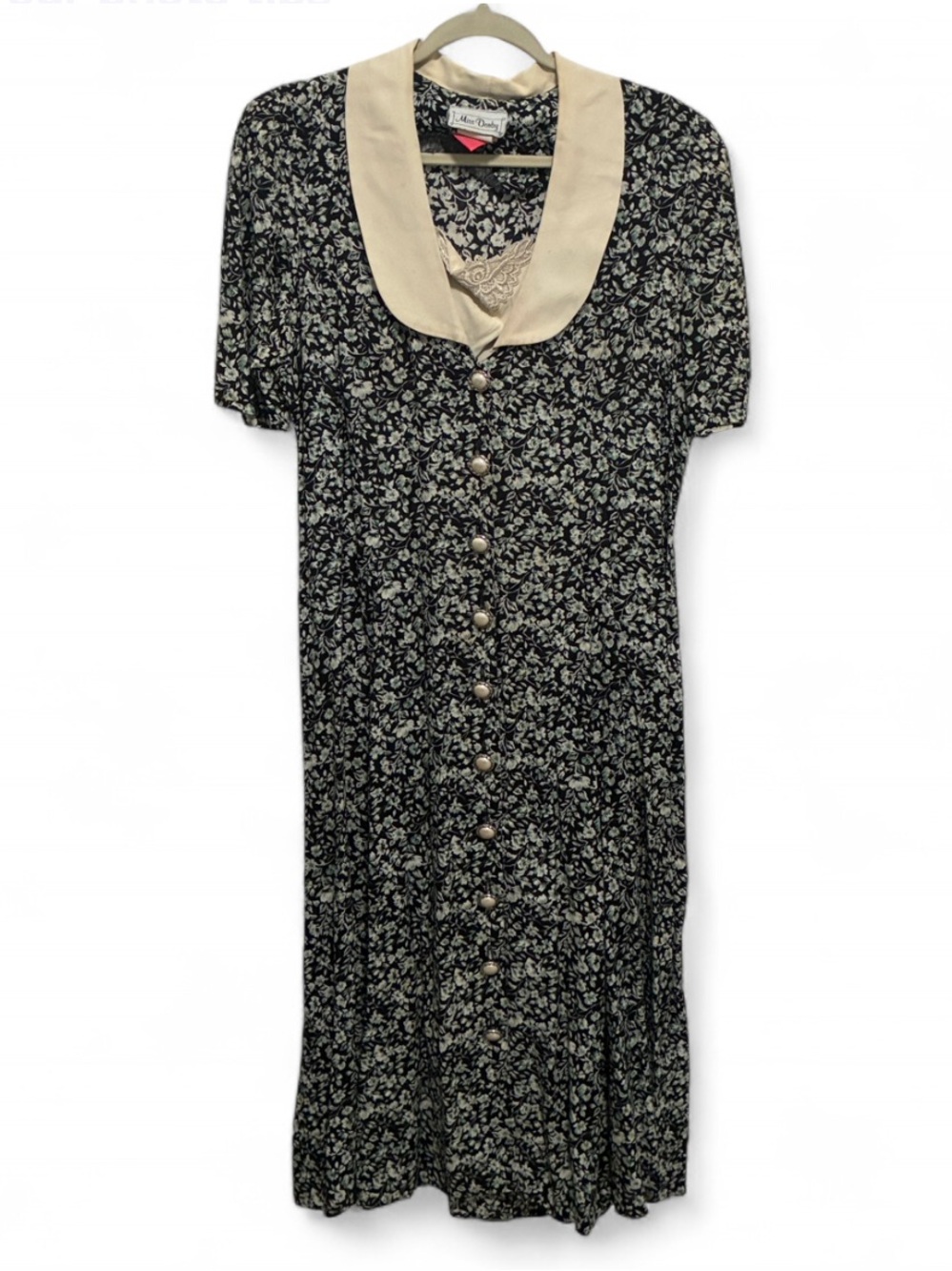 Vintage Miss Dorby Black Floral Button Down Dress with Cream Collar